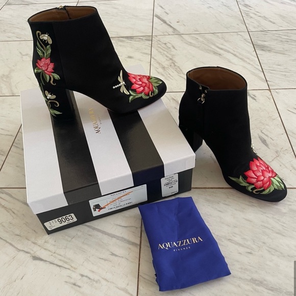 Aquazurra Lotus Satin Floral Embroidered Booties - Picture 12 of 12